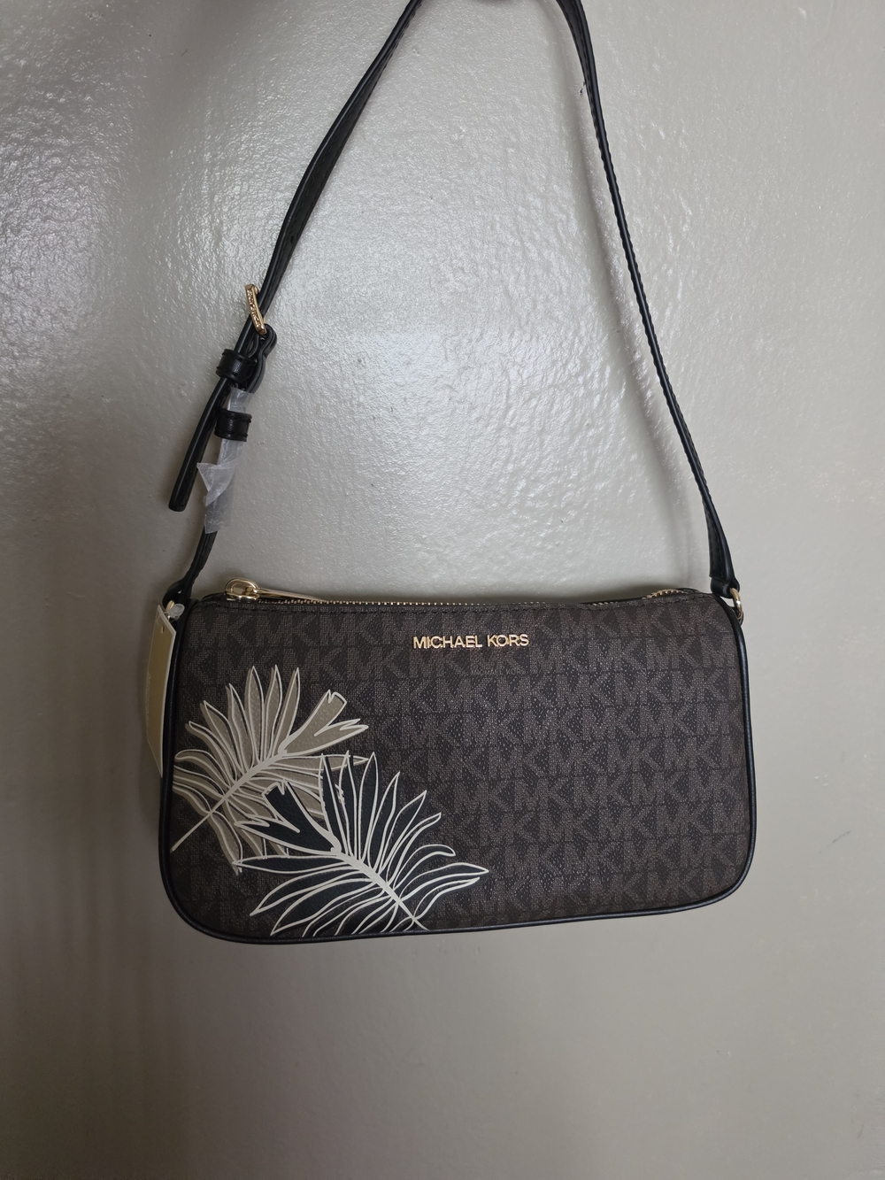 Michael Kors Dark Brown MK Signature Shoulder Bag with Cream Palm Print